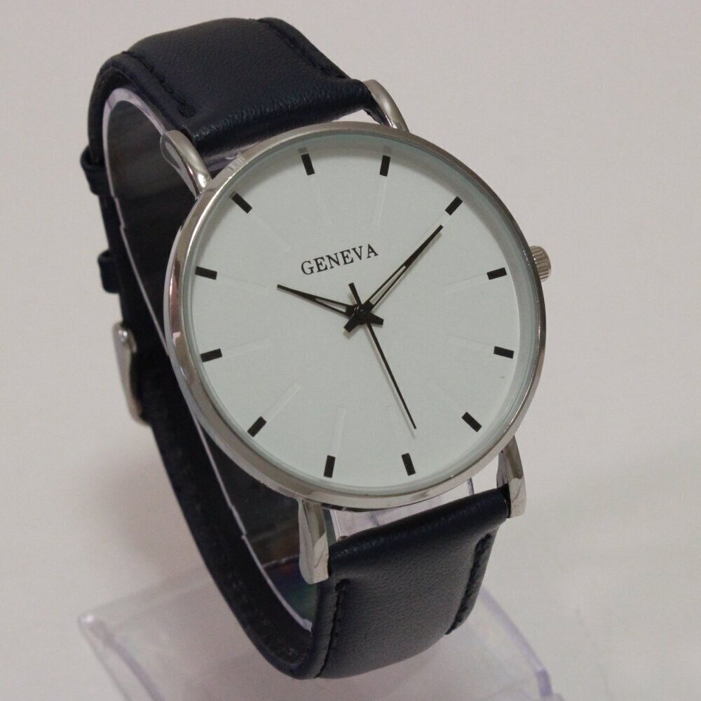 Men's Minimalist Fashion Watch Silver Case White Dial Navy Blue Strap 40mm - Picture 2 of 13